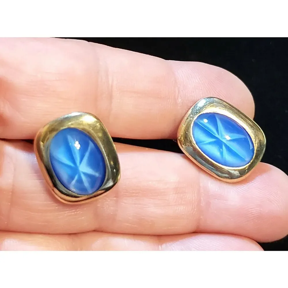 Blue Cuff‎ Links Faux Star Sapphire Vintage Gift for Him Cufflinks Gold-tone cl-